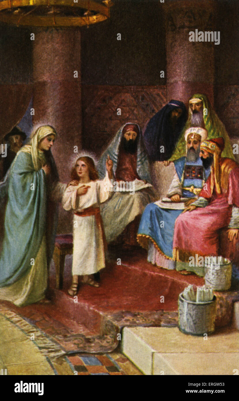 Hannah prenant Samuel à Eli - au Temple. Le Livre des Juges 1:24. Ancien Testament. Illustration par Max Hirmer. Banque D'Images