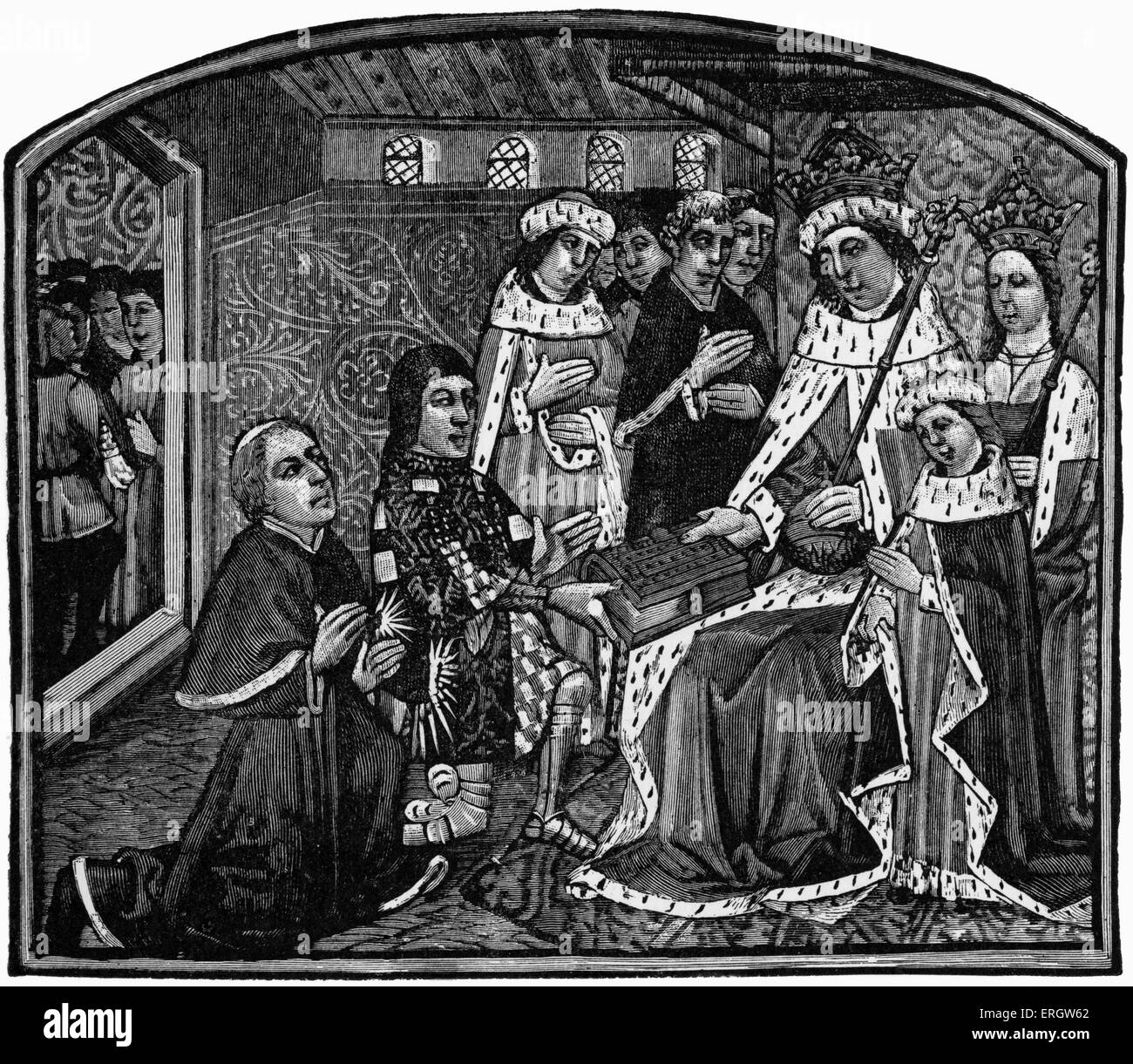 T.i.c.e. «et de paroles des philosophes" imprimé par William Caxton en 1477. Sous-titre suivant : 'Comte Rivers présente son livre à Banque D'Images