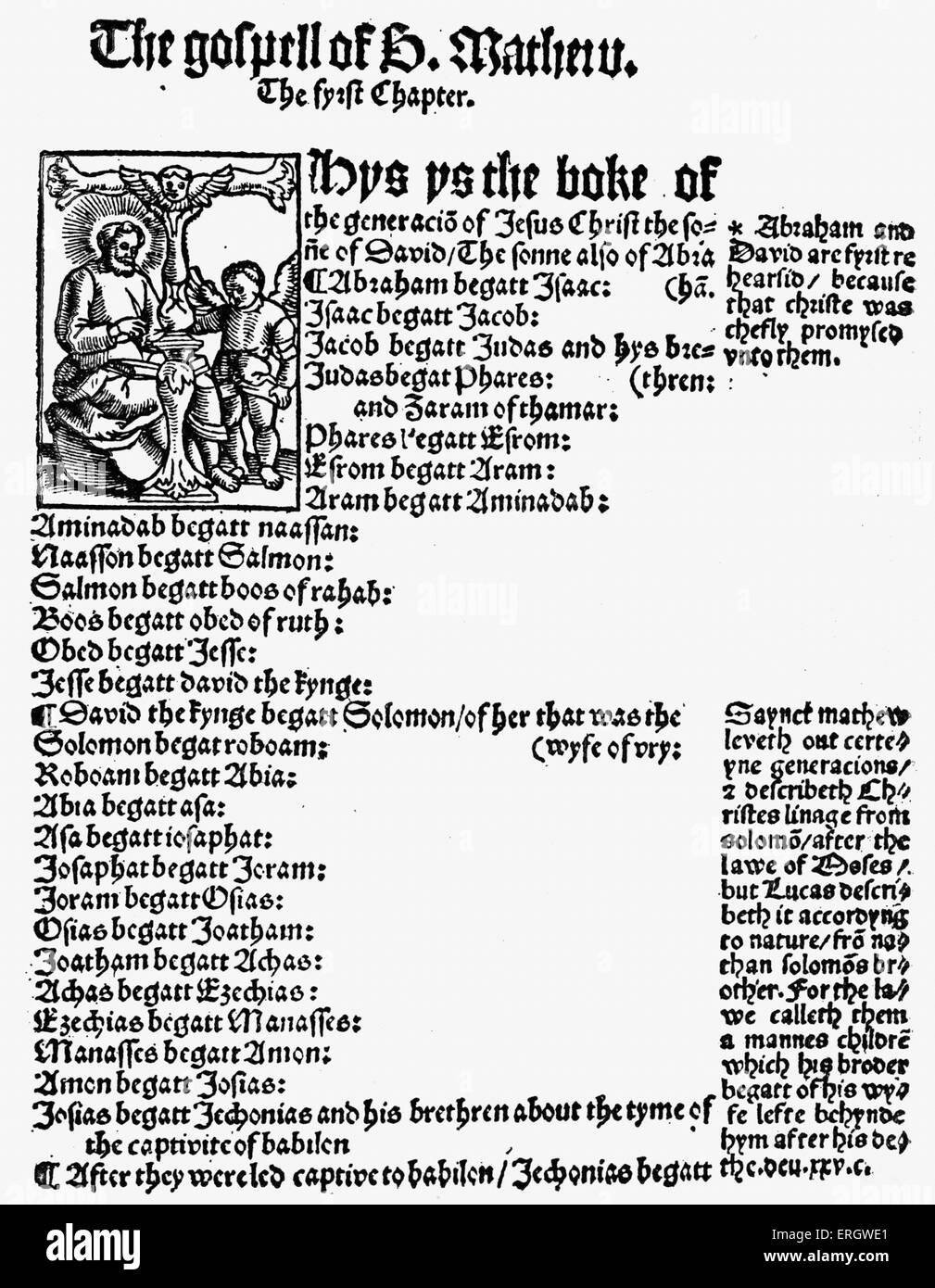 'L'Evangile de Saint Matthieu" dans le Nouveau Testament, traduit par William Tyndale en 1525. La première page du premier chapitre. Banque D'Images