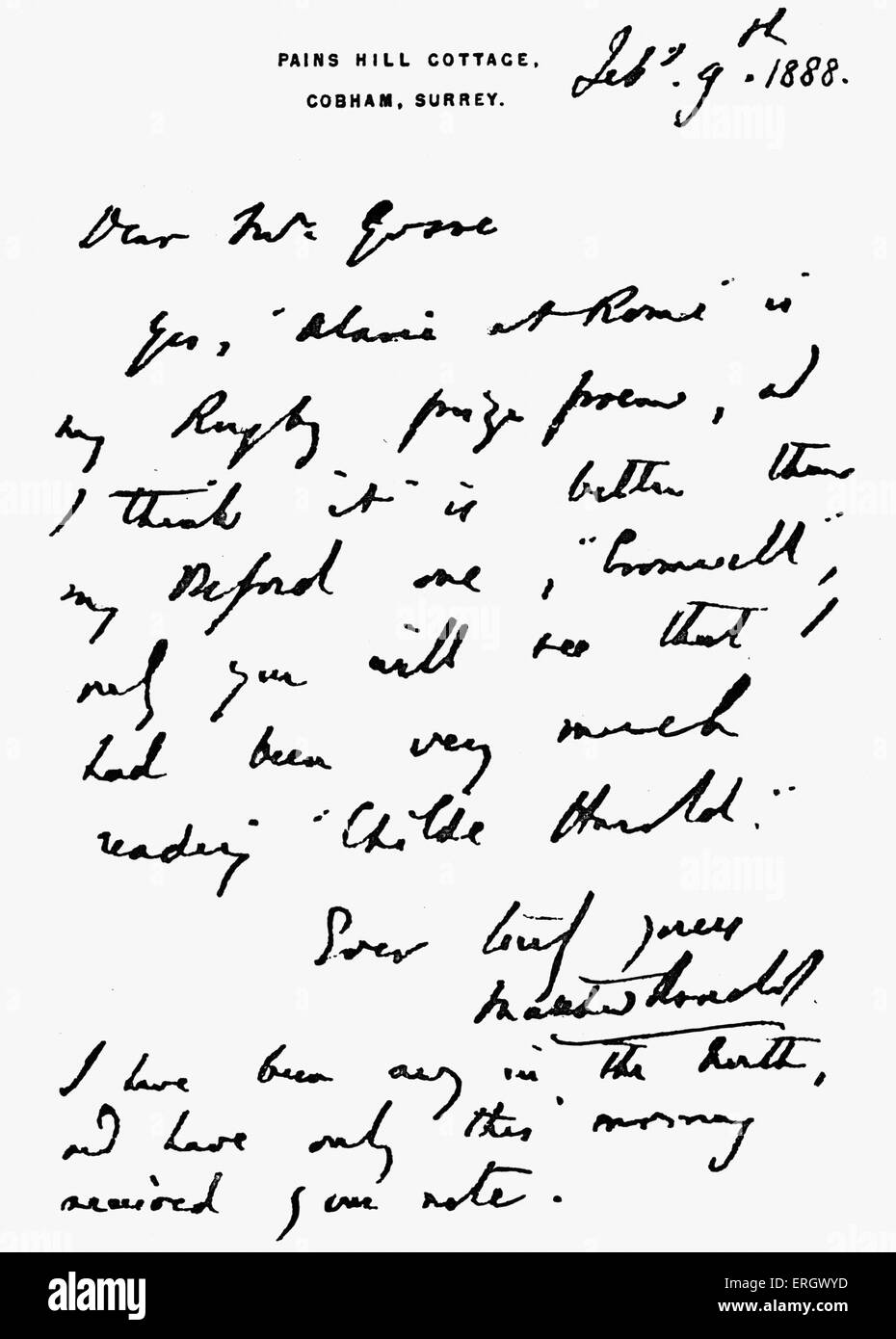 Lettre de Matthew Arnold à Edmund Gosse, l'admission de l'auteur de 'Alaric à Rome". 9 février 1888. Manuscrit Banque D'Images