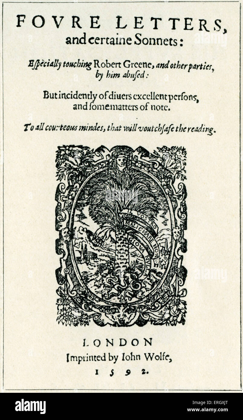 "Quatre lettres' par Thomas Nash. 1592. Page de titre. Élisabéthain anglais pamphlétaire, poète et satiriste, novembre 1567 - c 1601. Banque D'Images