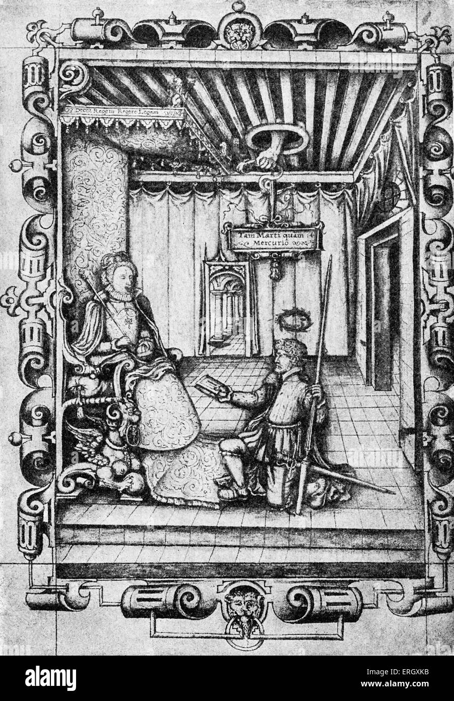 George Gascoigne présentant son livre à la reine : poète anglais, c 1535 - 7 octobre 1577. Banque D'Images
