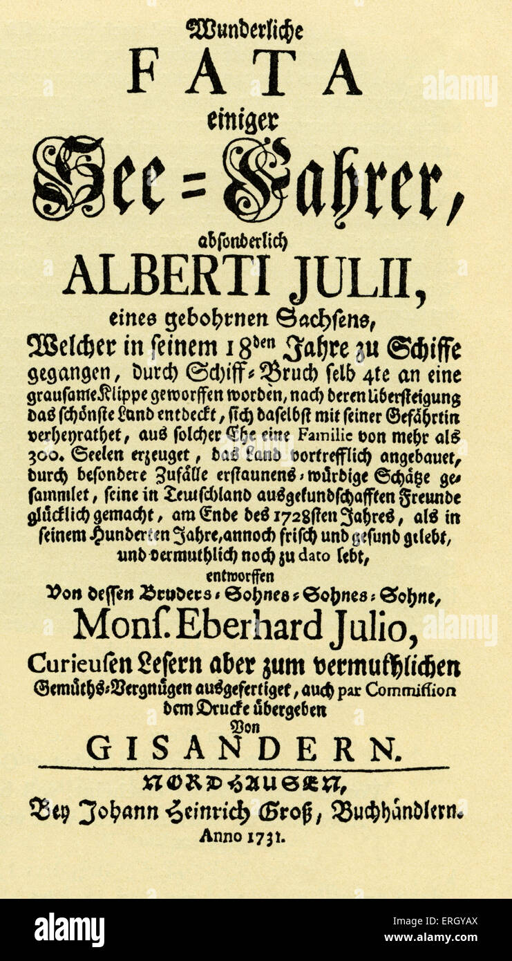 'Insel Felsenburg' / 'Felsenburg Island' par Johann Gottfried Schnabel (Gisander). Page de titre de l'édition 1731. L'auteur allemand : 1692 - 1752. Banque D'Images