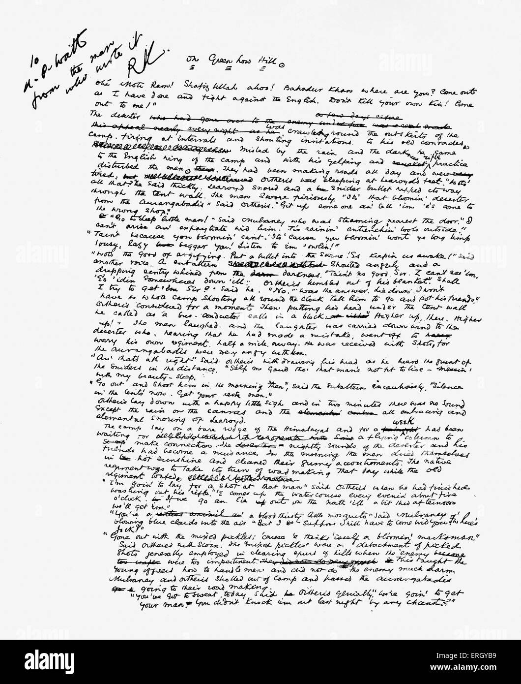 Sur Greenhow Hill', nouvelle de Rudyard Kipling. Première page du manuscrit. Auteur et poète anglais, 30 Décembre 1865-18 janvier 1936 Banque D'Images