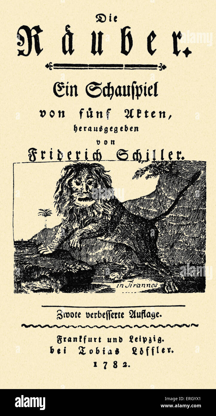 Friedrich Schiller - page de titre de la pièce 'Die Räuber" (Les voleurs), publié 1782, Francfort et Leipzig. 1782, par FS : Banque D'Images