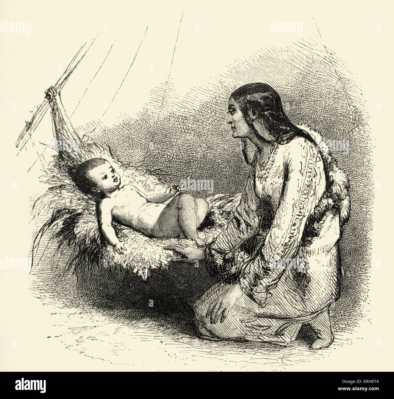 Song of Hiawatha par Henry Wadsworth Longfellow. 'Une mère indienne chanter la chanson de Hiawatha à son bébé." (Henry Wadsworth) Banque D'Images