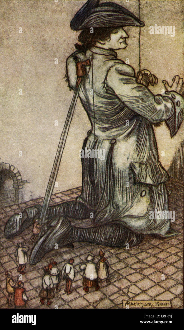 Les voyages de Gulliver par Jonathan Swift. D'abord publié en 1726. Légende : Gulliver mesurée par les tailleurs. Satiriste anglo-irlandais, essayiste, auteur, poète, pamphlétaire politique : 30 novembre 1667 - 19 octobre 1745. Illustration par Arthur Rackham. Banque D'Images