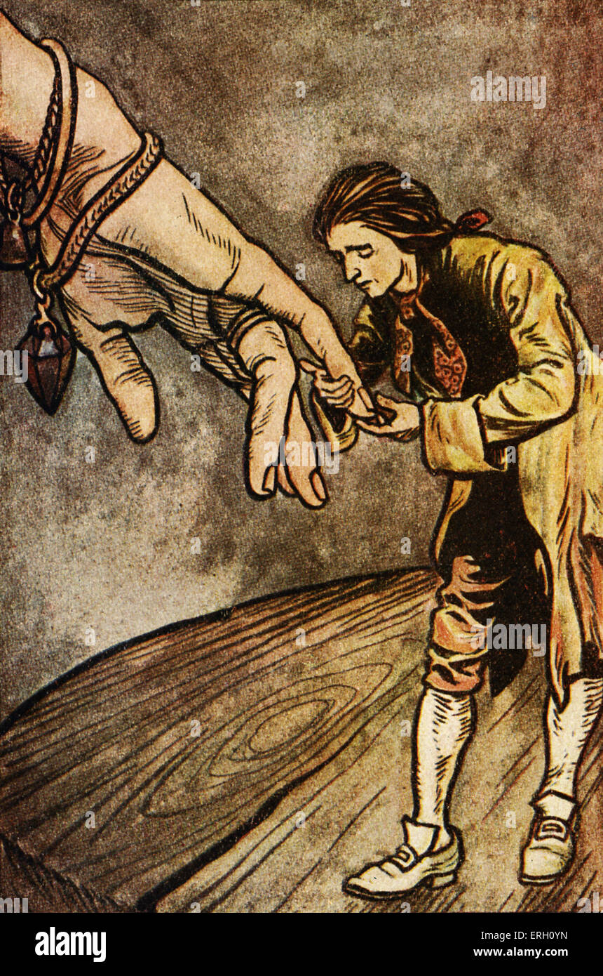 Les voyages de Gulliver par Jonathan Swift. D'abord publié en 1726. Légende : baisers Gulliver l'imprimeur de la main. Satiriste anglo-irlandais, essayiste, auteur, poète, pamphlétaire politique : 30 novembre 1667 - 19 octobre 1745. Illustration par Arthur Rackham. Banque D'Images