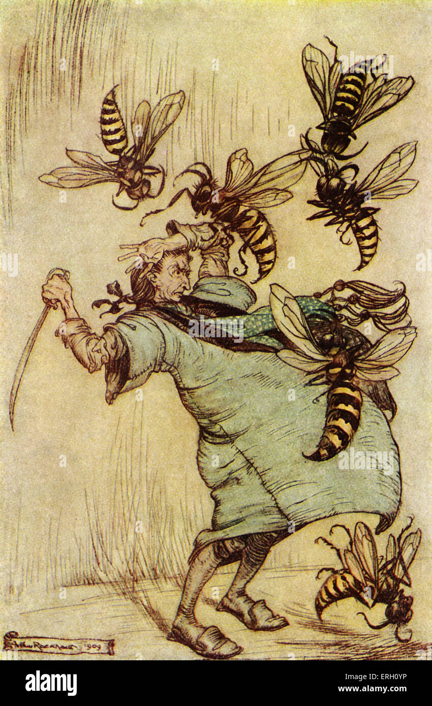 Les voyages de Gulliver par Jonathan Swift. D'abord publié en 1726. Légende : Gulliver et les guêpes. Satiriste anglo-irlandais, essayiste, auteur, poète, pamphlétaire politique : 30 novembre 1667 - 19 octobre 1745. Illustration par Arthur Rackham. Banque D'Images