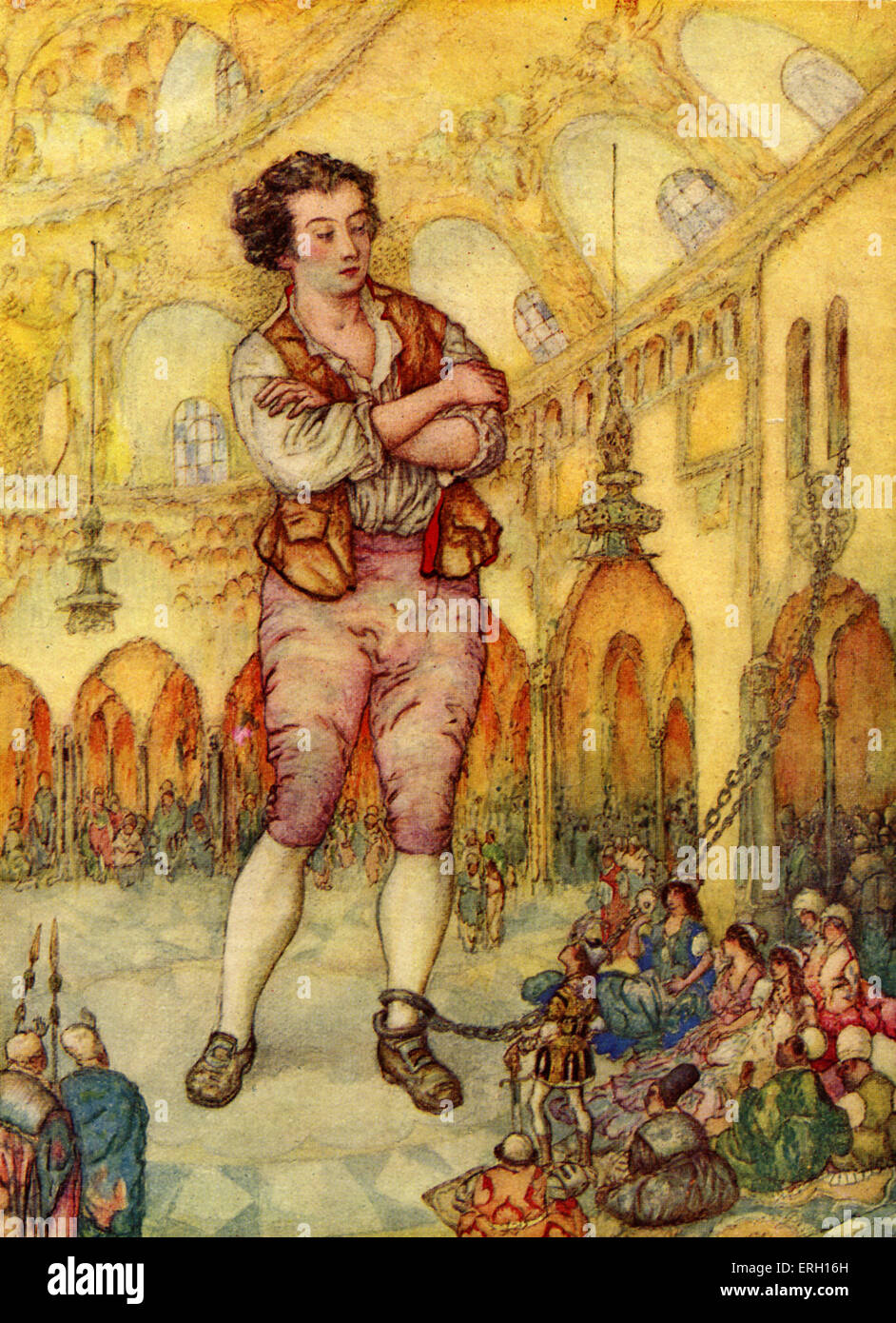 Gulliver's Travels : un voyage à Lilliput de Jonathan Swift, d'abord publié 1712. Sous-titre suivant : 'les chaînes qui a tenu ma jambe avait environ deux mètres de long' (Gulliver). Illustration par R. G. Mossa. JS : satiriste anglo-irlandais, essayiste, auteur, poète, pamphlétaire politique. Clerc : le 30 novembre 1667 - 19 octobre 1745 Banque D'Images