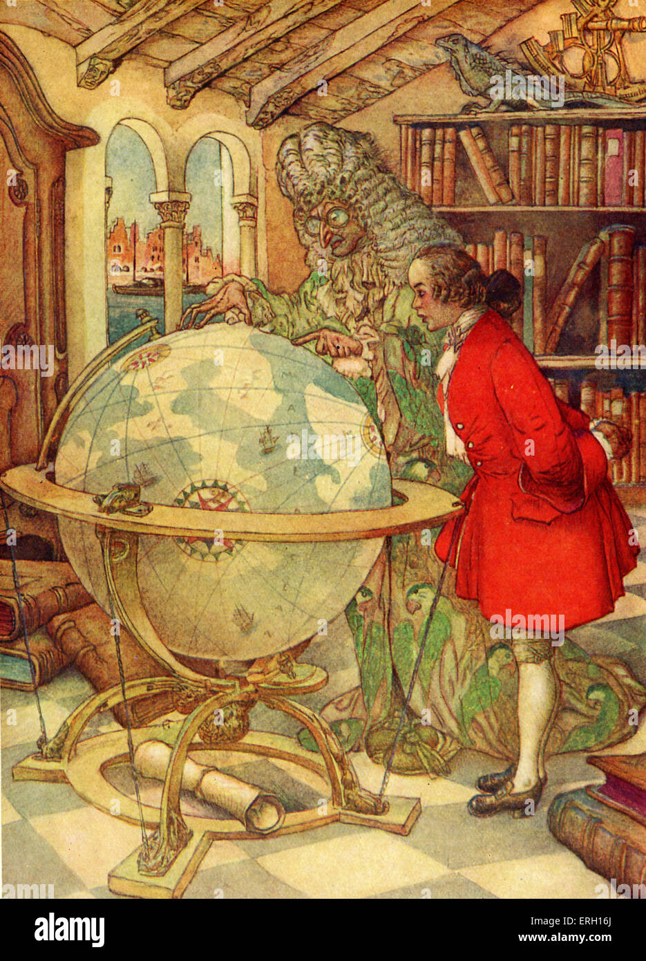 Gulliver's Travels : un voyage à Lilliput de Jonathan Swift, d'abord publié 1712. Sous-titre suivant : "J'ai présenté de petites sommes d'argent dans l'apprentissage navigation' (Gulliver et professeur (dates non connues publié c.1916).). Illustration par R. G. Mossa. JS : satiriste anglo-irlandais, essayiste, auteur, poète, pamphlétaire politique. Clerc : le 30 novembre 1667 - 19 octobre 1745 Banque D'Images