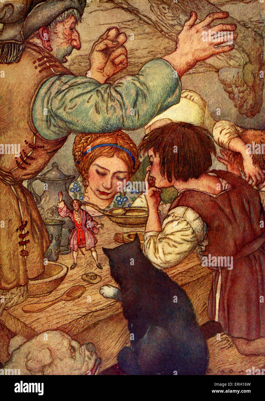 Gulliver's Travels : un voyage à Brobdingnag par Jonathan Swift, d'abord publié 1712. Sous-titre suivant : 'lui a donné un fort sur la barre de gauche' (Gulliver regardés par les personnes autour d'une table). Illustration par R. G. Mossa (dates inconnues) publié c.1916.). JS : satiriste anglo-irlandais, essayiste, auteur, poète, pamphlétaire politique. Clerc : le 30 novembre 1667 - 19 octobre 1745 Banque D'Images