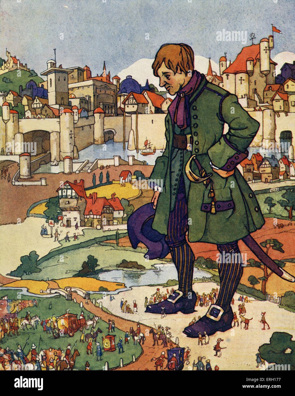 Voyages de Gulliver de Jonathan Swift. Gulliver à Lilliput. Sous-titre suivant 'Gulliver à Lilliput'. illustration par Stephen Banque D'Images
