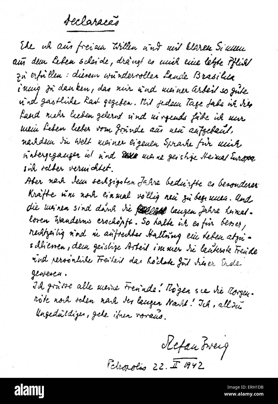 Télécopieur de l'StefanZweig dernier message. Petropolis, 22.02,1942. SZ : l'écrivain autrichien, biographe, chroniqueur, essayiste, romancier, dramaturge, poète, traducteur 28 novembre 1881 - 22 février 1942. Banque D'Images