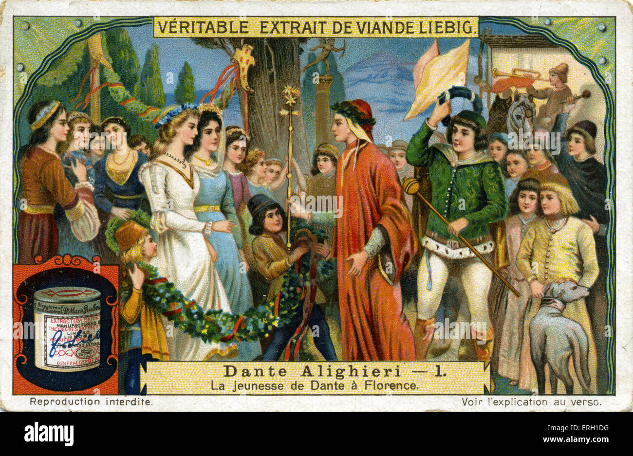Dante Alighieri, sa jeunesse à Florence. Dante avec groupe de jeunes hommes s'adressant à des jeunes femmes. Jeune homme, il avait une partie de Stilnovo mouvement poétique. ( Publicité carte Liebig - Dante Alighieri 1) auteur italien, mi-mai à mi-juin 1265 - 13/14 Septembre, 1321. Banque D'Images