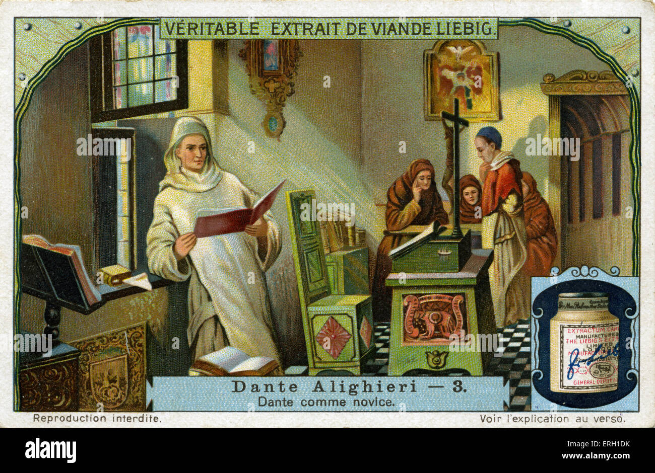 Dante Alighieri comme un moine novice ( carte Liebig annonce - Dante Alighieri 3) auteur italien, mi-mai à mi-juin 1265 - Banque D'Images