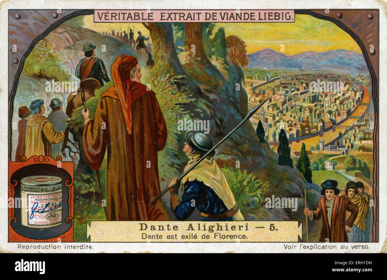 L'Exil de Dante Alighieri de Florence. La peine a été prononcée au début de 1302. Le pape Boniface VIII impliqués dans le mettant à l'essai à Florence pour prendre des pots-de-vin, et lorsqu'il a négligé de présenter jusqu'à répondre aux accusations il partit en exil et n'a jamais vu sa ville natale de nouveau. D'abord un exil de deux ans , mais six semaines plus tard il a été commuée en peine de centence. ( Publicité carte Liebig - Dante Alighieri 5) auteur italien, mi-mai à mi-juin 1265 - 13/14 Septembre, 1321. Banque D'Images