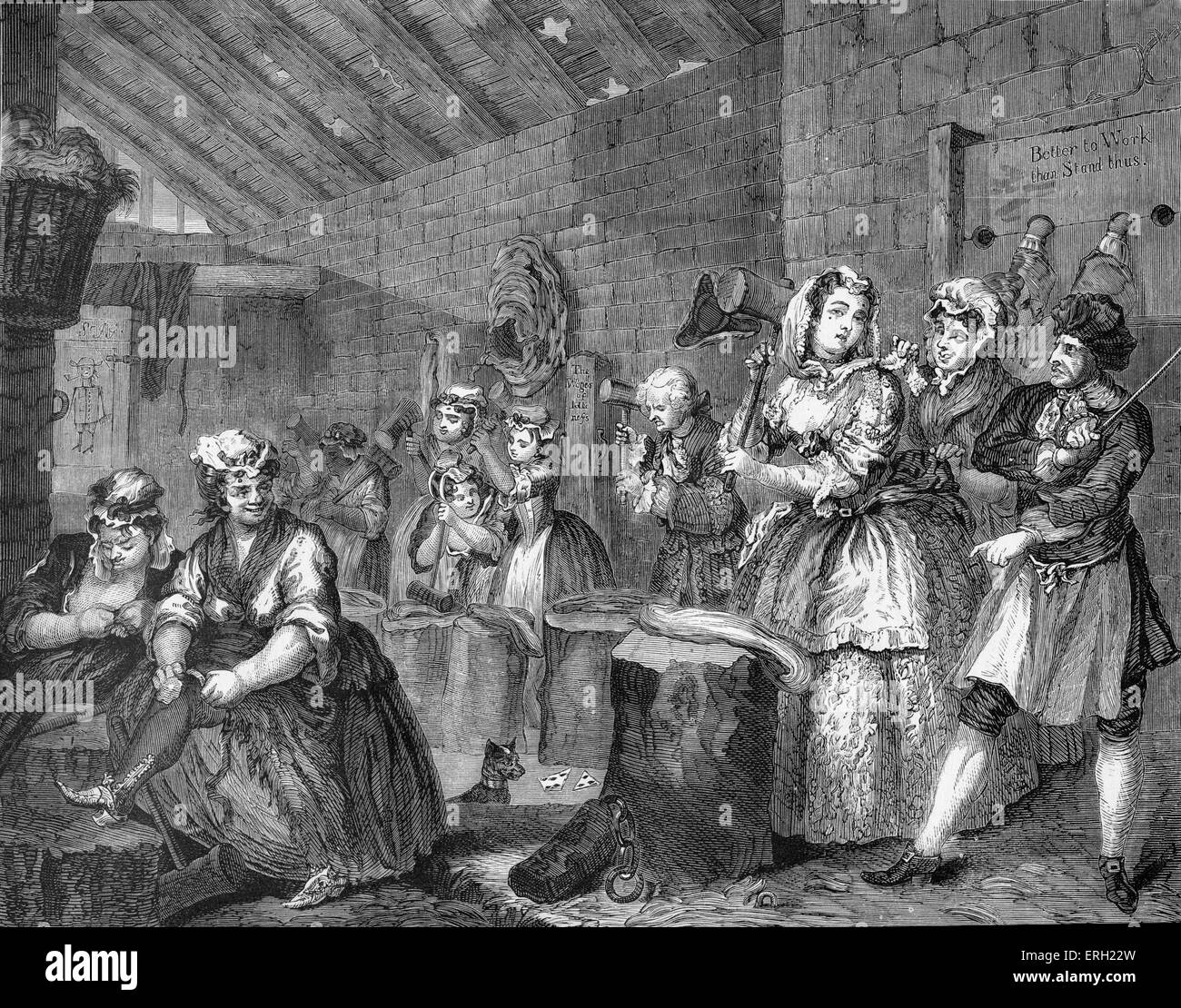 Une prostituée, le progrès - La putain de Bridewell, (1732). Gravure de William Hogarth. Moll Hackabout, battant le chanvre et le port Banque D'Images