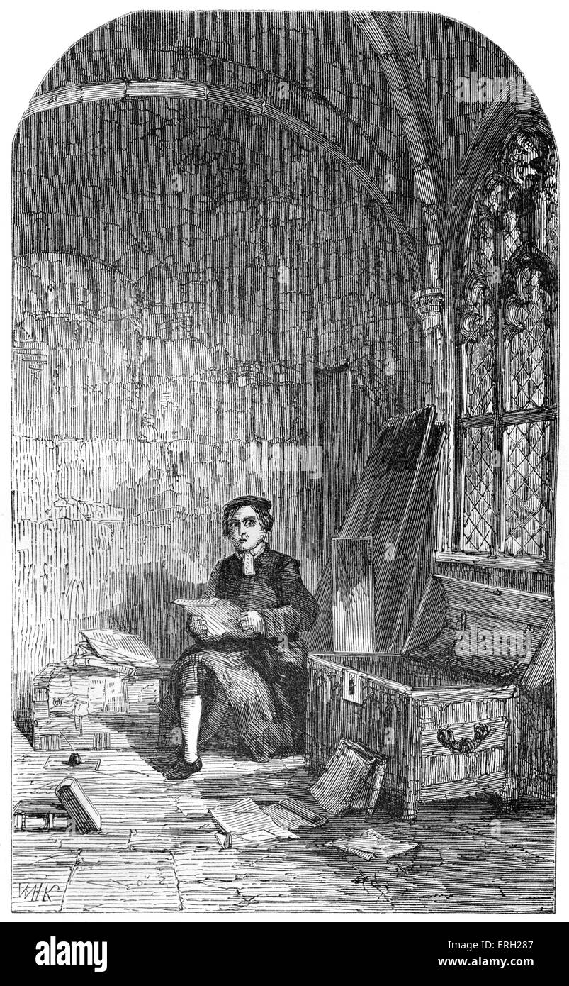 Chatterton dans le Muniment-prix à Bristol. Poète anglais et faussaire de pseudo-poésie médiévale : 20 novembre 1752 - 24 août 1770 épisode raconté dans 'La vie du Dr Johnson' par James Boswell. Banque D'Images