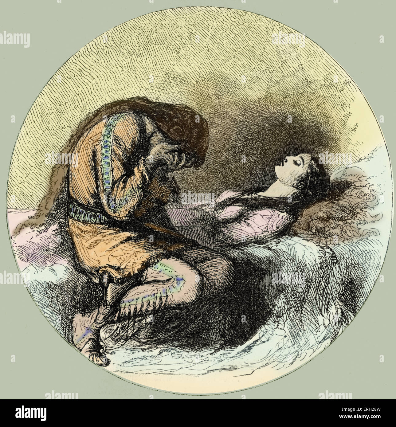 Song of Hiawatha par Henry Wadsworth Longfellow. "La famine". La mort de "deuil Hiawatha. Minnehaha' (Henry Wadsworth) poète lyrique américain 27 février 1807 - 24 mars 1882. Version colorisée. Banque D'Images