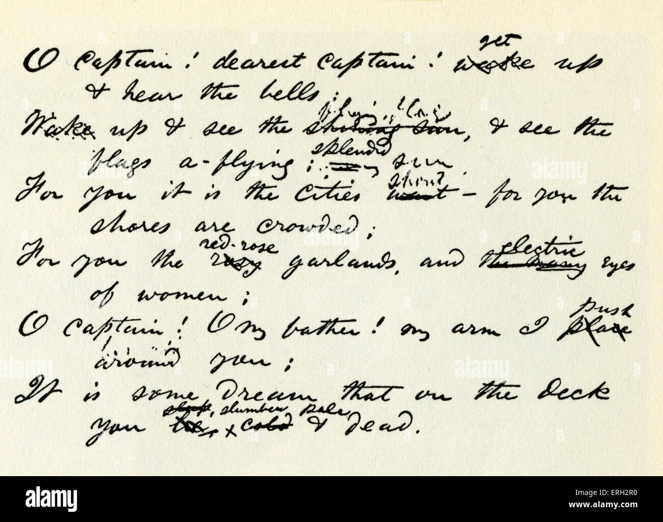 O Captain ! Mon Capitaine de lignes manuscrites des poème de Walt Whitman,  à la mémoire d'Abraham Lincoln. Poète et essayiste américain Photo Stock -  Alamy