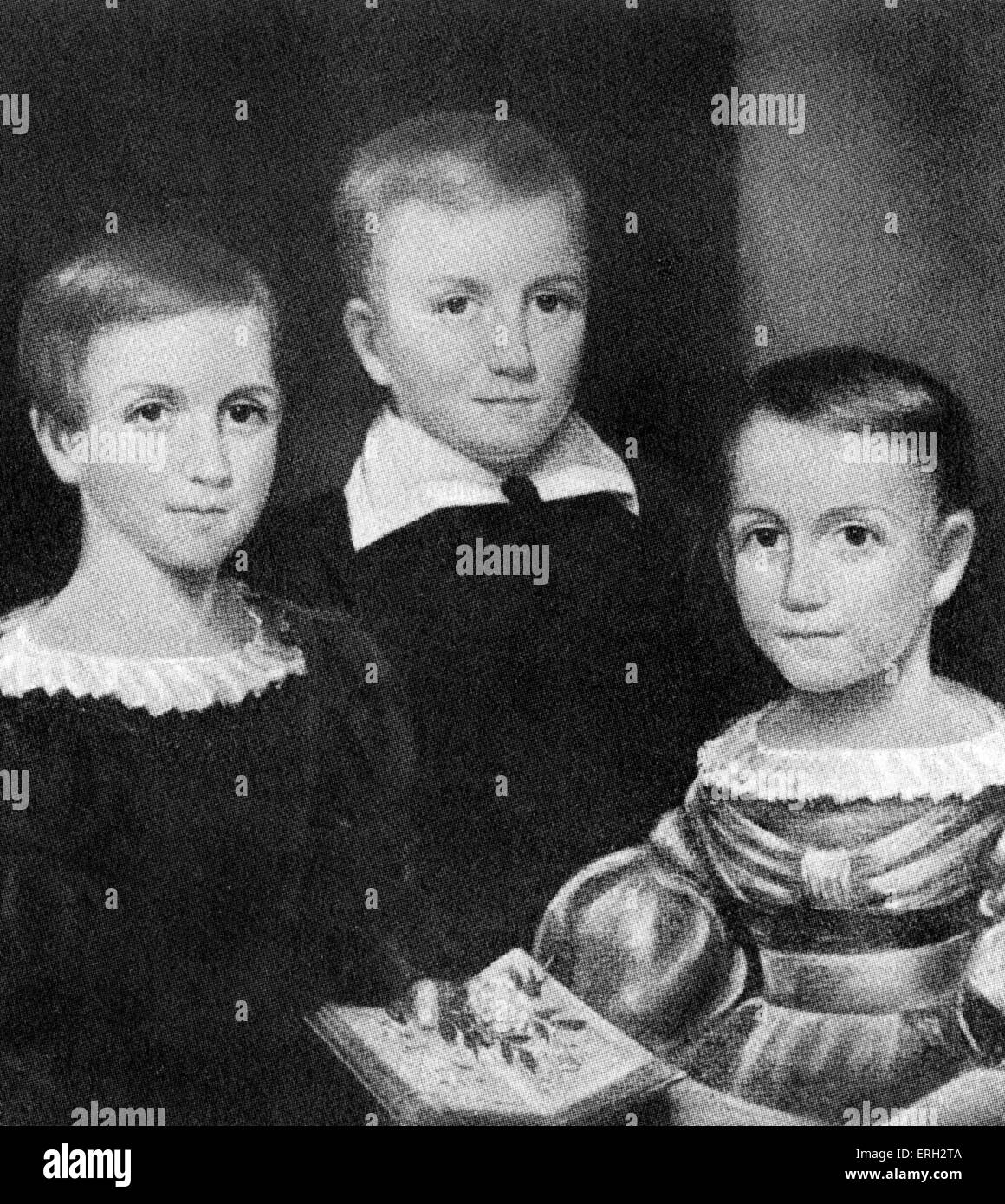 Emily Dickinson comme un enfant avec des sœurs, de gauche à droite : Emily, Austin, Lavinia. Le poète américain. 10 Décembre 1830 - 15 mai 1886. Banque D'Images