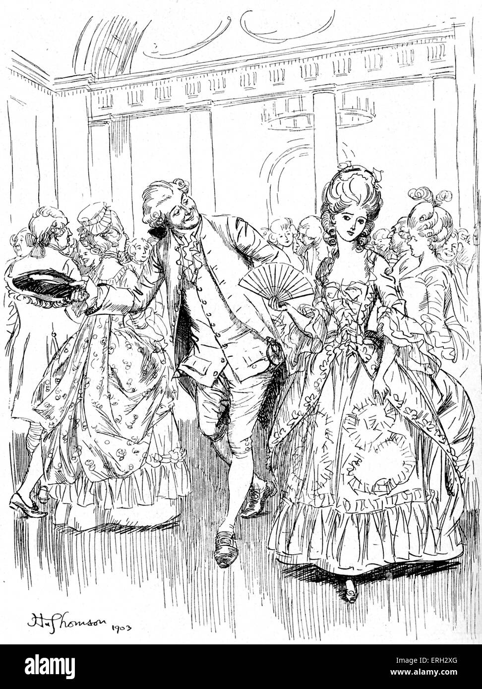 'Evelina' par Fanny Burney. Un jeune homme à une danse Evelina troubles, lettre XIII. Cette édition publiée en 1920. D'abord publié en 1778. FB, romancière anglaise, 13 juin 1752- 6 Jan 1840. Illustration par Hugh Thomson 1860-1920. Banque D'Images