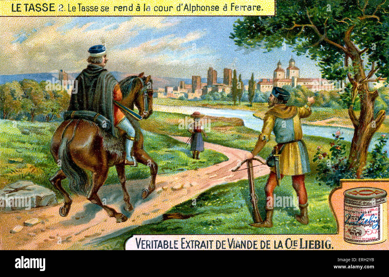 Torquato Tasso aller à la cour d'Alphonse de Ferrare, d'être sous son patronage. Publicité de Liebig, extraits de viande, Banque D'Images
