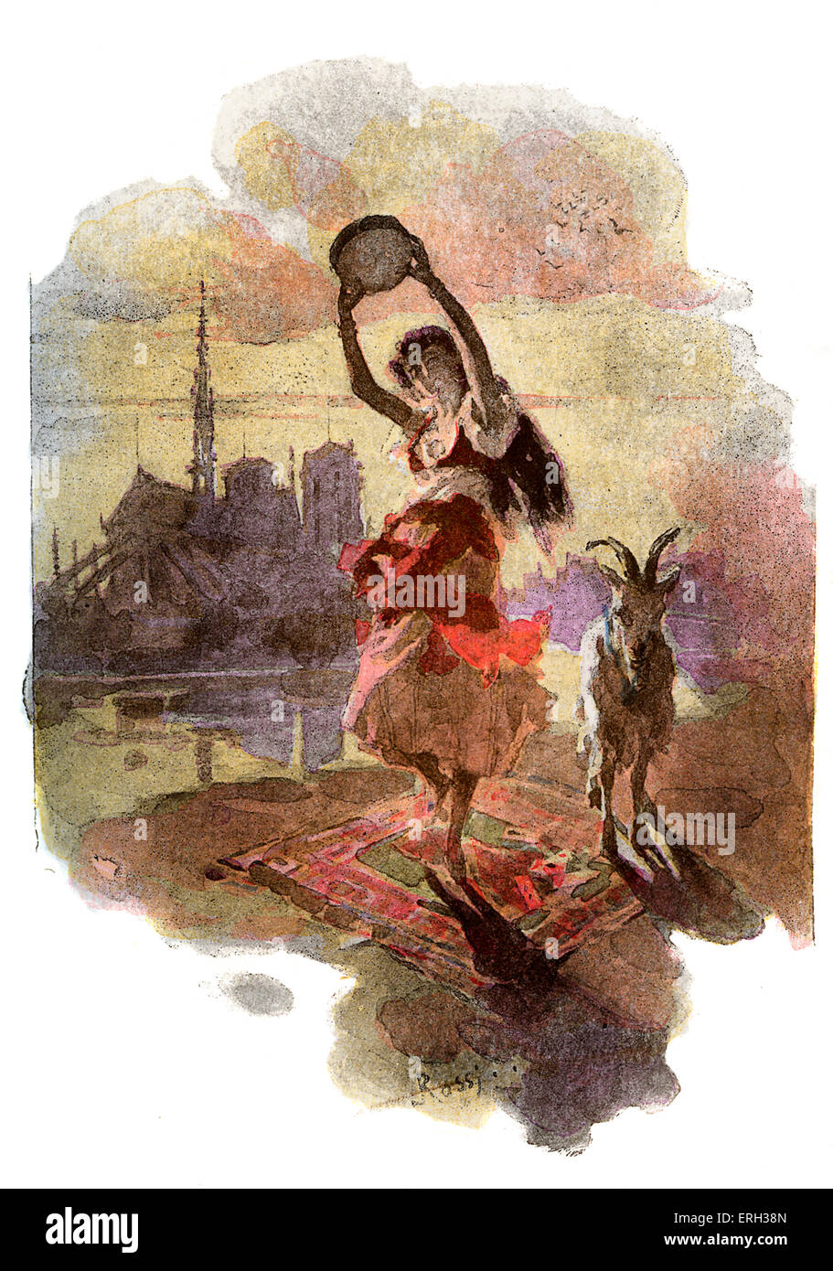 Victor Hugo, Notre Dame de Paris, 1831. Danses 7" en face de Notre Dame, Paris. Sous-titre suivant : "il a dansé pour le bruit de la tambourine, qui son tour et gracieux armes détenues au-dessus de sa tête". VH ; 26 février 1802 - 22 mai 1885. Banque D'Images