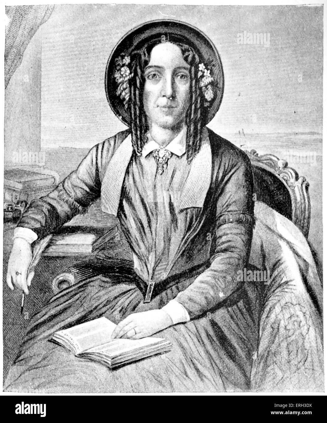 Harriet Beecher Stowe, assis avec livre et la douille. L'auteur américaine et abolitionniste, 14 juin 1811 - 1er juillet 1896. Dessin d'après un daguerréotype.Artiste inconnu. Banque D'Images