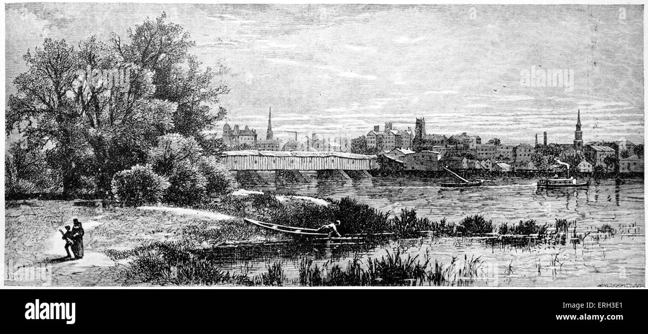 Hartford, Connecticut. Une vue de la ville depuis le côté est de la rivière Connecticut, fin du xixe siècle. Eau-forte signée par Banque D'Images