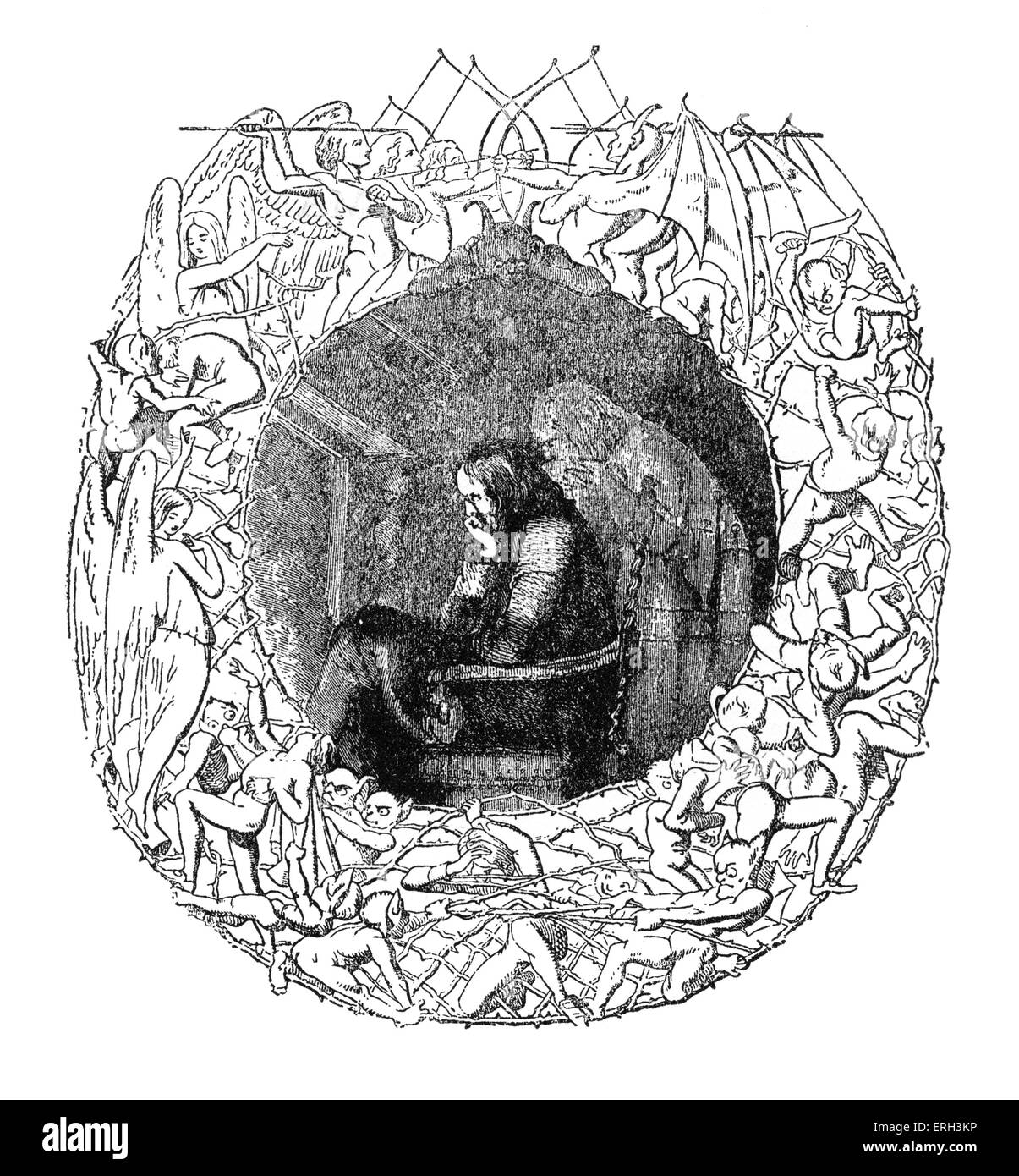 L'homme hanté et le Fantôme de dupes par Charles Dickens, publié en 1848. Frontispice montrant M. Redlaw assis par le Banque D'Images