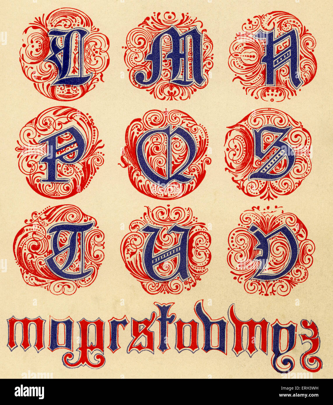 Lumineux bleu et rouge alphabet. Xive siècle. (Source 1886). Banque D'Images