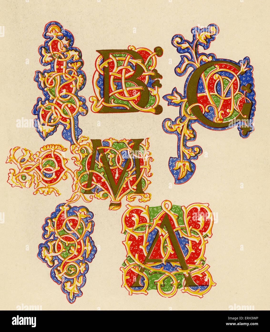 Allumé en lettres A, B, C et M. rouge, or, bleu et vert. Xve siècle. (Source 1886). Banque D'Images