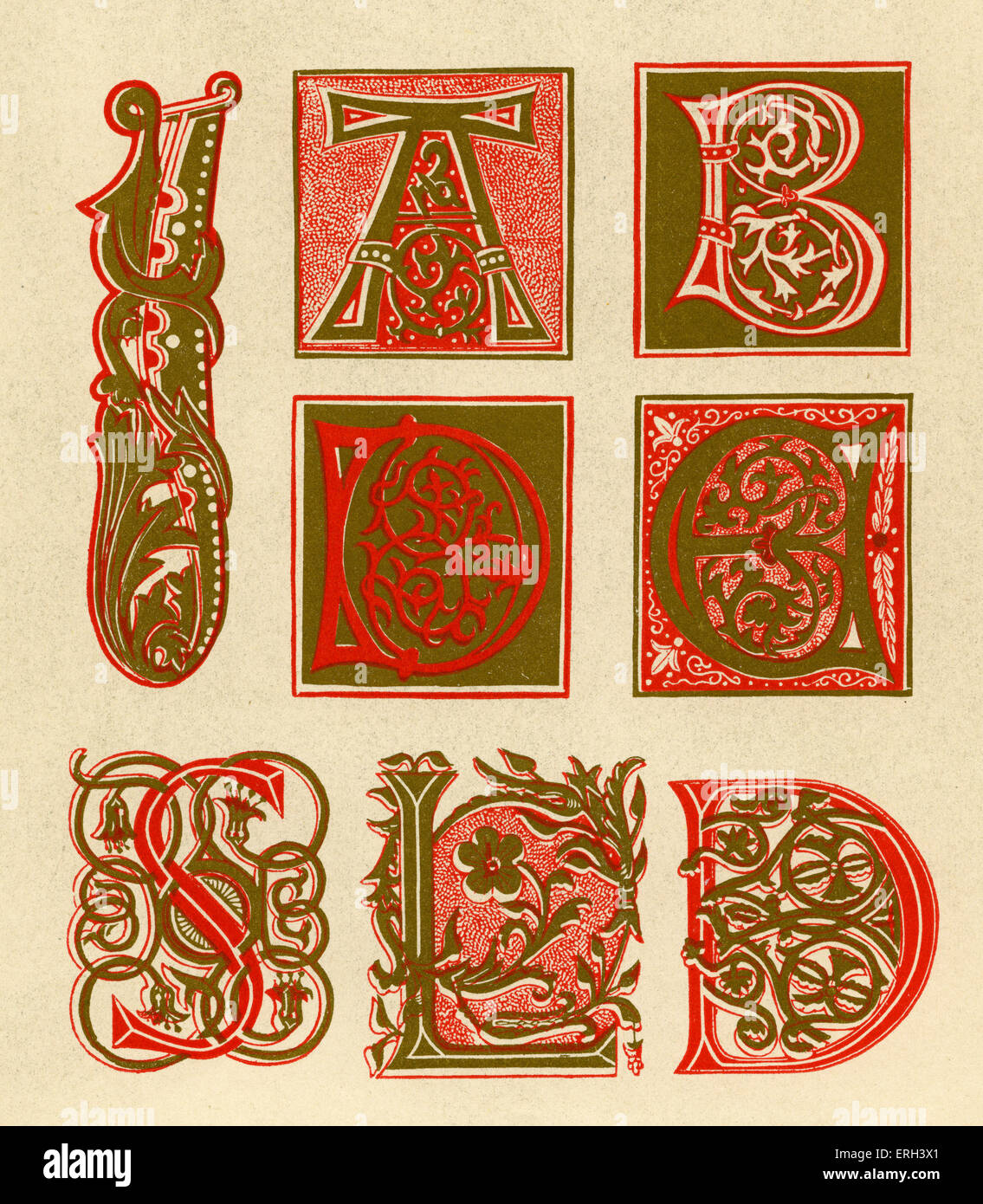 Allumé en lettres A, B, C, D, S, L et I. xve siècle. Rouge et Or. (Source 1886). Banque D'Images
