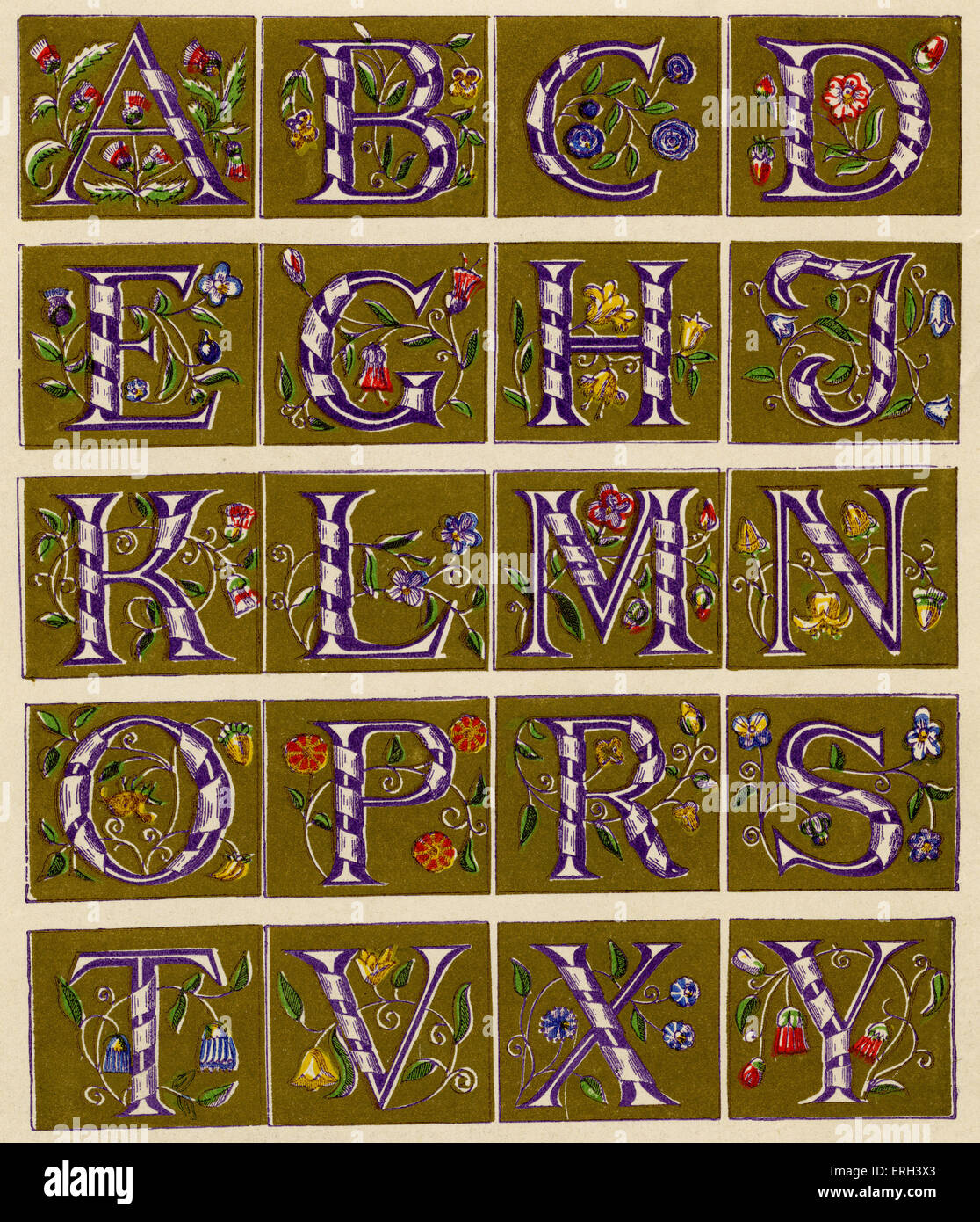 Seizième siècle alphabet lumineux. L'ornementation de fleurs et ruban mauve, sur l'or. (Source 1886). Banque D'Images