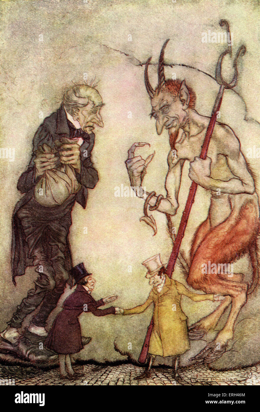 Charles Dickens, "A Christmas Carol". Scrooge avec le troisième esprit - le fantôme du Noël futur. Illustration par Arthur Banque D'Images