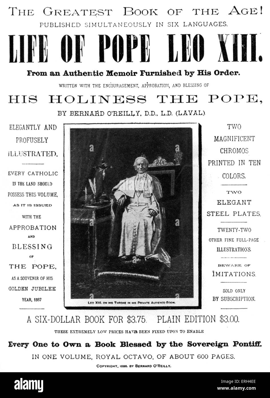 "La vie du Pape Léon XIII'-poster la promotion du livre. Livre publié en six langues par Mark Twain et Charles L. Webster 's Banque D'Images