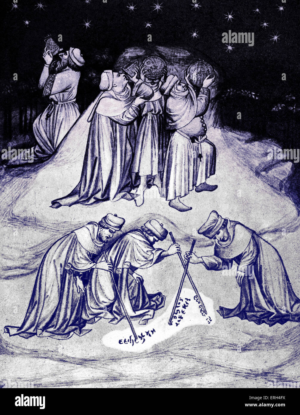L'observation des étoiles et philosophes écrit dans la poussière du Mont Athos. L'allumage d'un 15ème siècle édition de 'La Banque D'Images