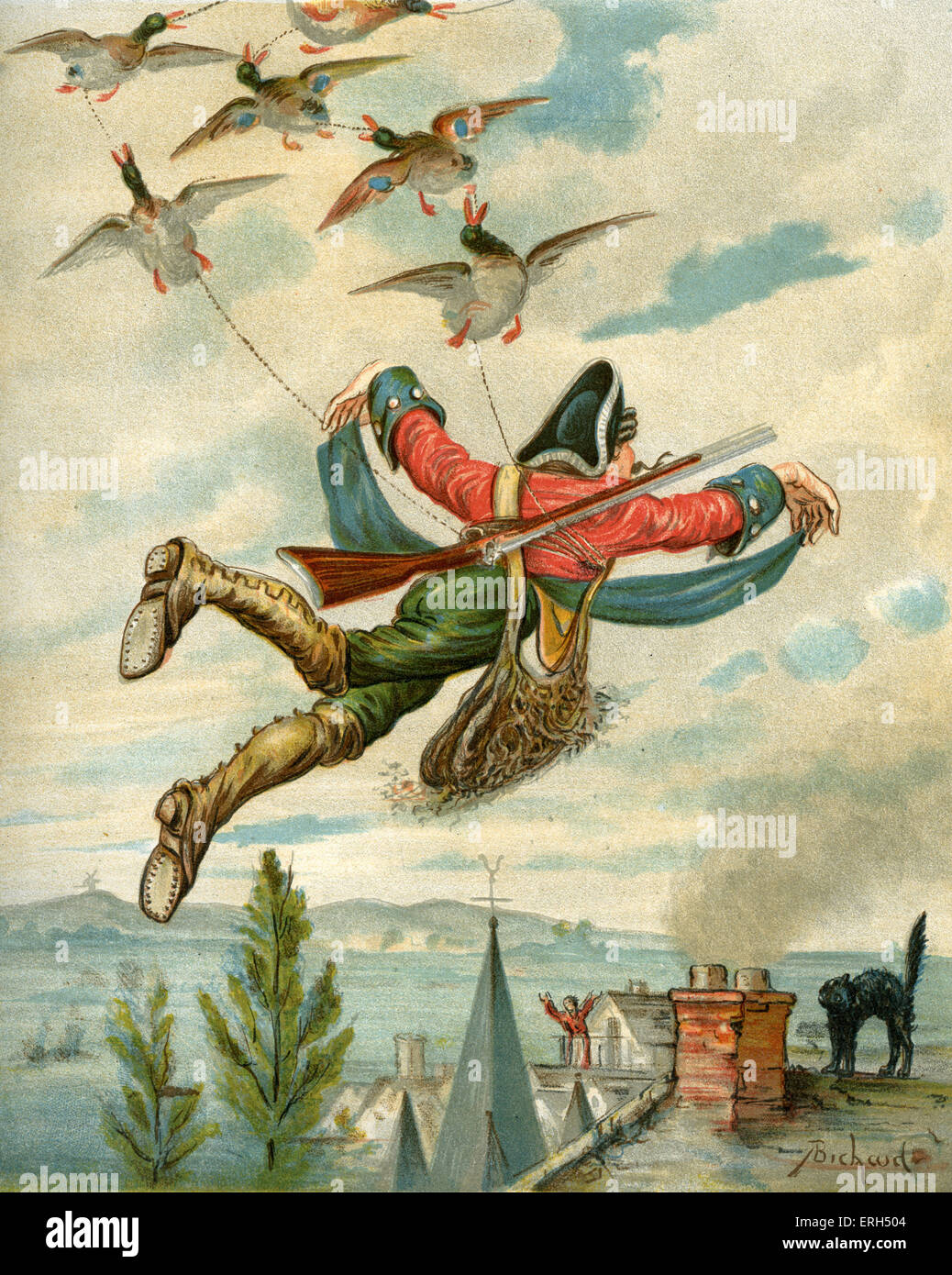 "Les Aventures du Baron Munchausen' illlustrated par Alphonse Adolphe Bichard (b. 1841). Sous-titre suivant : 'Les canards étaient encore Banque D'Images