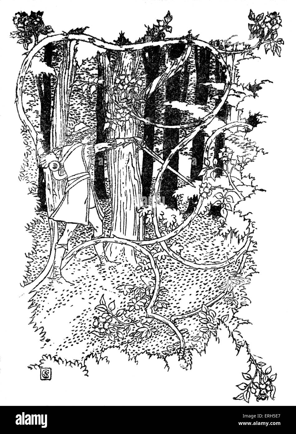 Sleeping Beauty écrit et illustré par Walter Crane et publiée en 1914. La scène représente le prince son chemin de coupe Banque D'Images