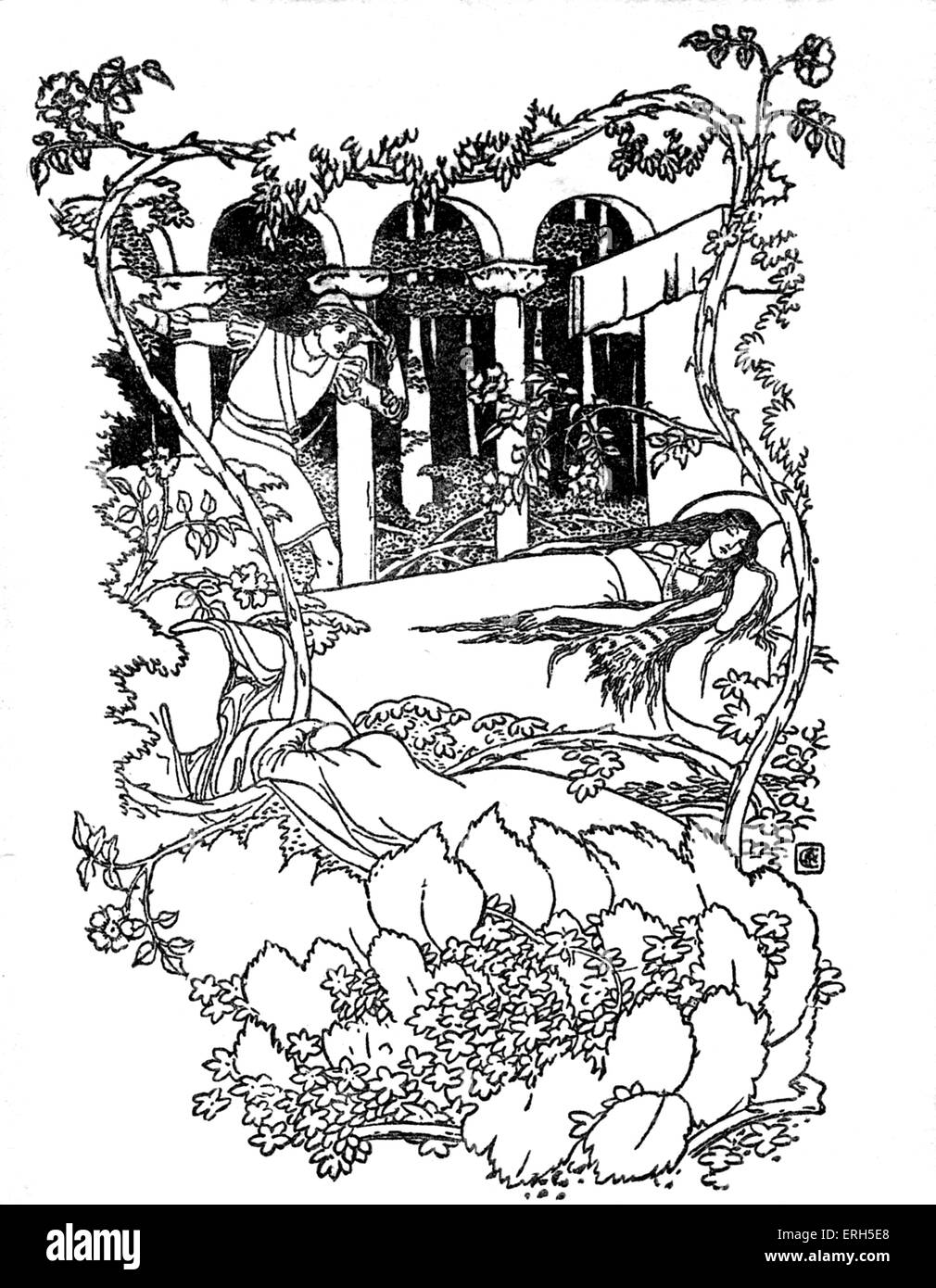 Sleeping Beauty écrit et illustré par Walter Crane et publiée en 1914. La scène représente le Prince découvrir Sleeping Beauty encore sous le charme dans le palais. WC : anglais l'artiste et illustrateur de livres, 15 août 1845 - 14 mars 1915. Banque D'Images