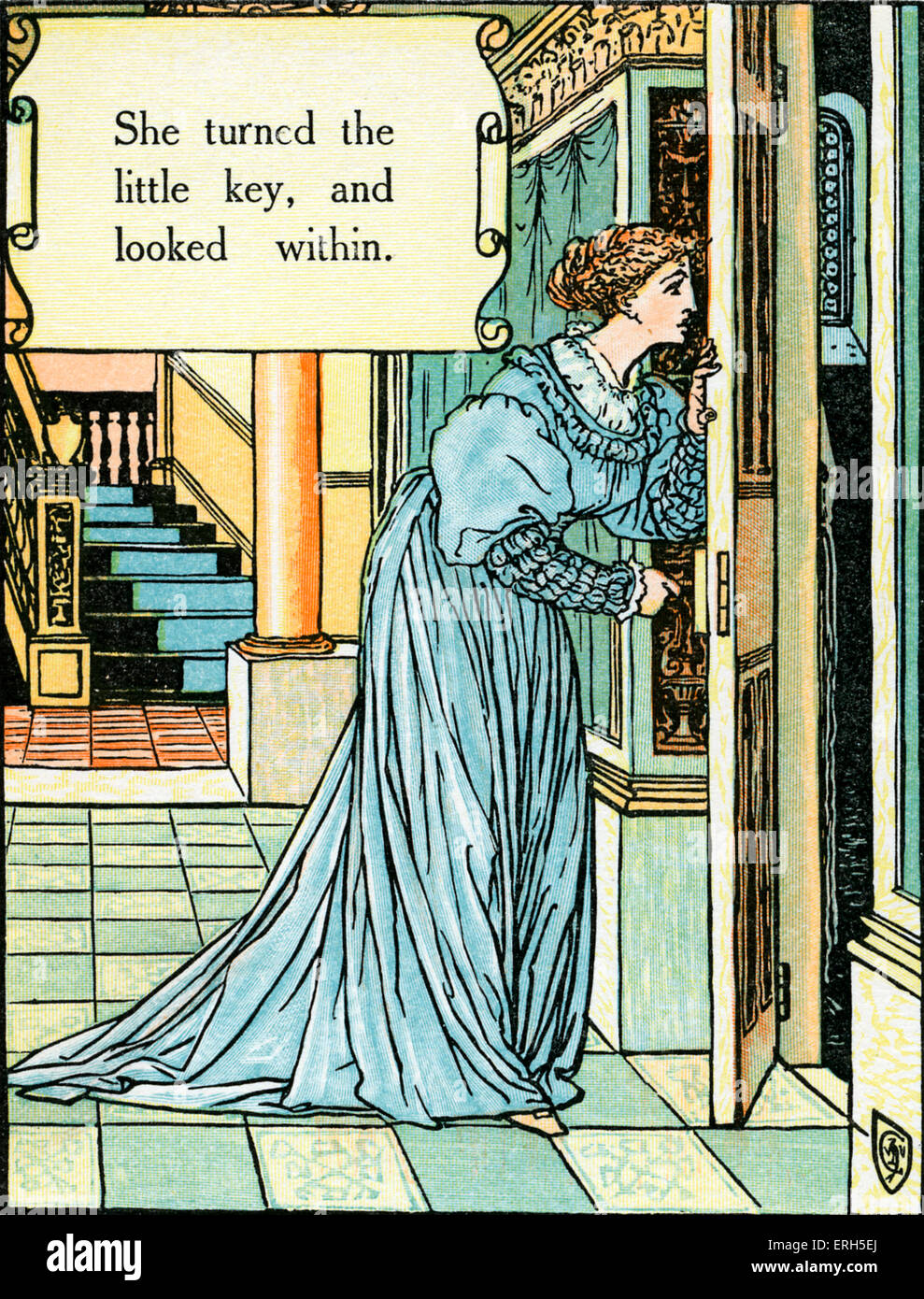 Barbe-bleue écrit et illustré par Walter Crane et publiée en 1914. La scène représente la femme de Barbe bleue d'ouvrir la penderie Banque D'Images