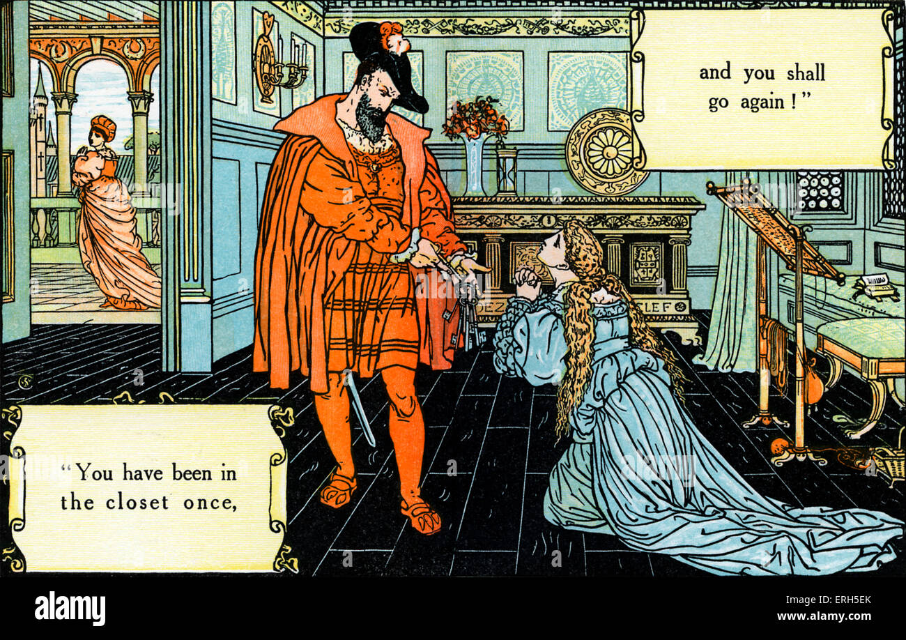 Barbe-bleue écrit et illustré par Walter Crane et publiée en 1914. La scène représente Barbe Bleue à la découverte de sa femme a Banque D'Images