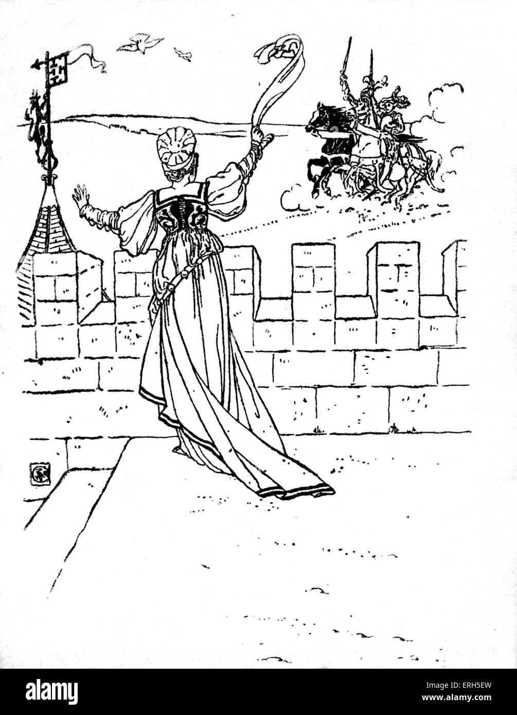 Barbe-bleue écrit et illustré par Walter Crane et publiée en 1914. La scène représente la femme de Barbe bleue pour son appel Banque D'Images
