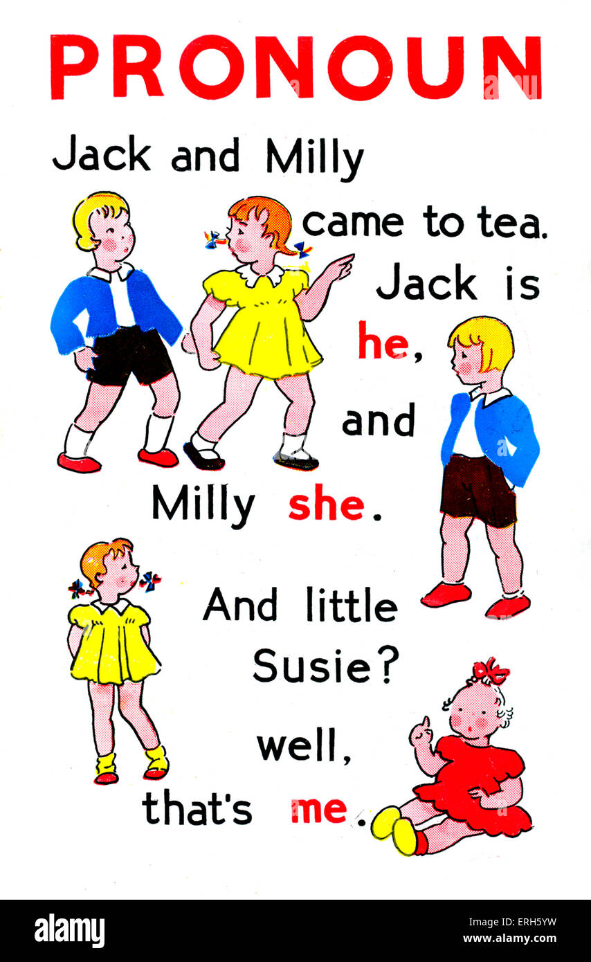 La page de 'première grammaire livre pour enfants', avec une explication des fonctions des pronoms. Publié et imprimé par W. Banque D'Images