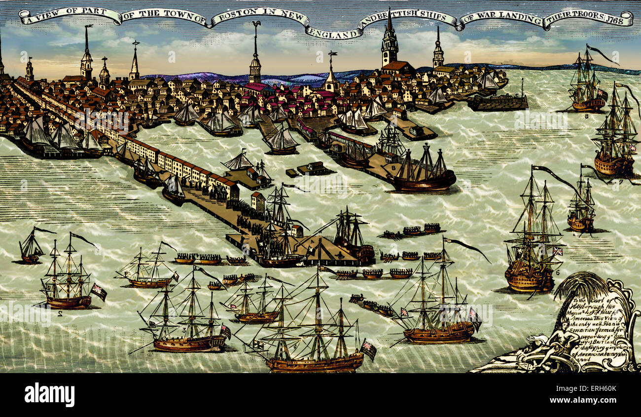 Débarquement de troupes britanniques à Boston, 1768. Gravure de Paul Revere. Les colons de Boston a pris des mesures directes contre Banque D'Images
