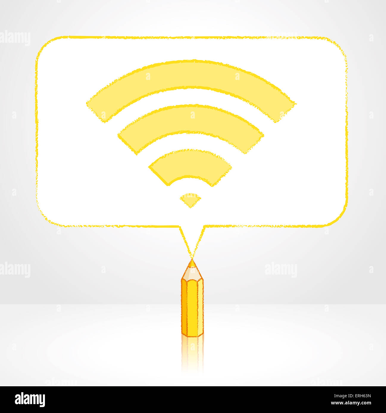 Crayon de couleur jaune avec dessin de réflexion dans l'icône WiFi numérique rectangulaire à coins ronds Bulle sur fond pâle Banque D'Images