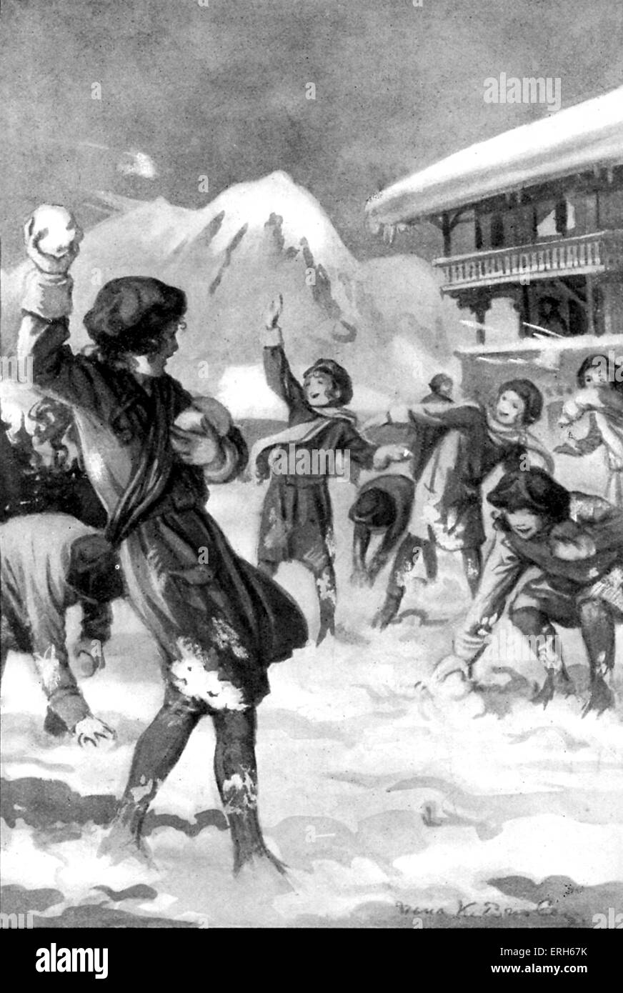 Chalet l'école par l'E.M. Brent- Dyer - 1920 illustration de 'la préfète en chef du Chalet l'école'. Sous-titre suivant : 'la bataille Banque D'Images