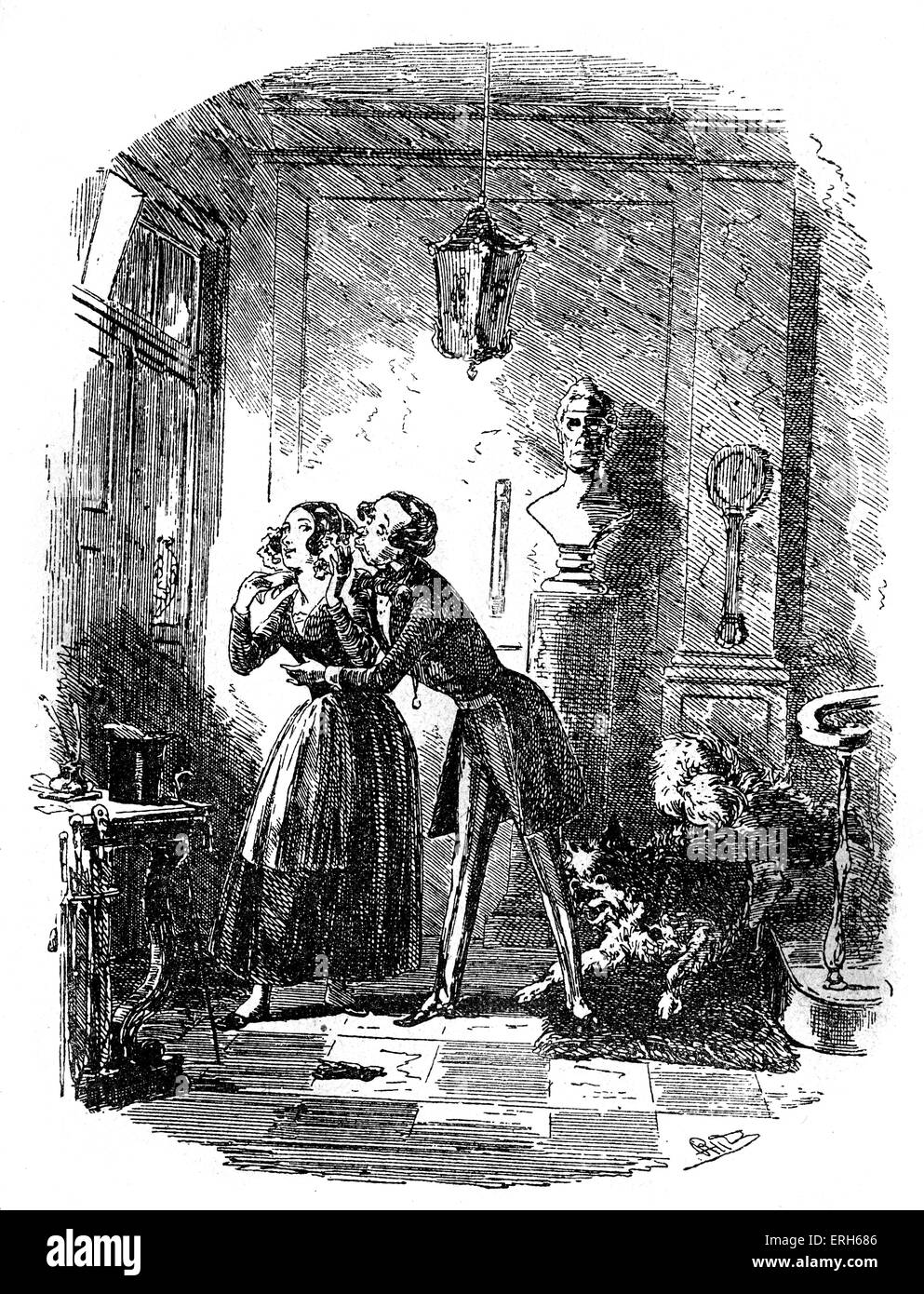 Dombey et fils de Charles Dickens. Sous-titre suivant : Monsieur Toots devient particulier - diogène aussi. Dombey et fils de Charles Dickens. Également connu sous le nom de, rapports avec l'entreprise de : Maison Dombais et Fils Commerce de gros, de détail et pour l'exportation. Illustration par Hablot Knight Brown, dite "Phiz', 12 juillet 1815 - 8 juillet 1882. Banque D'Images